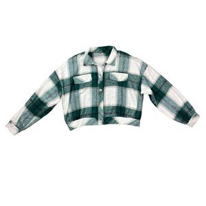 Green and white Cropped flannel button up shirt